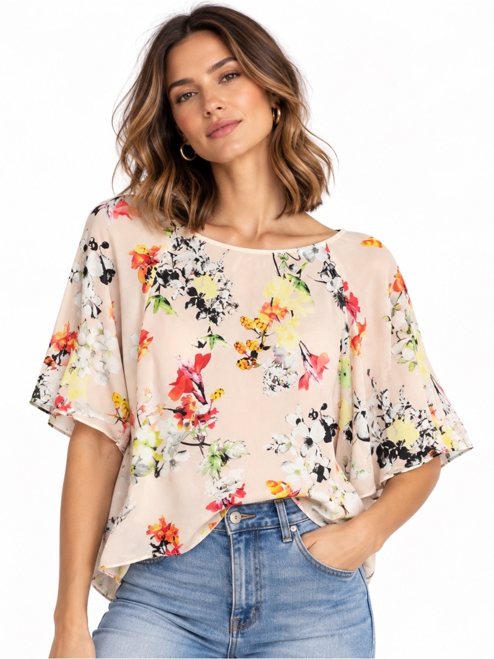 Club Monaco Womens Floral Silk Blouse Top Small Pink Flutter Sleeve Romantic
